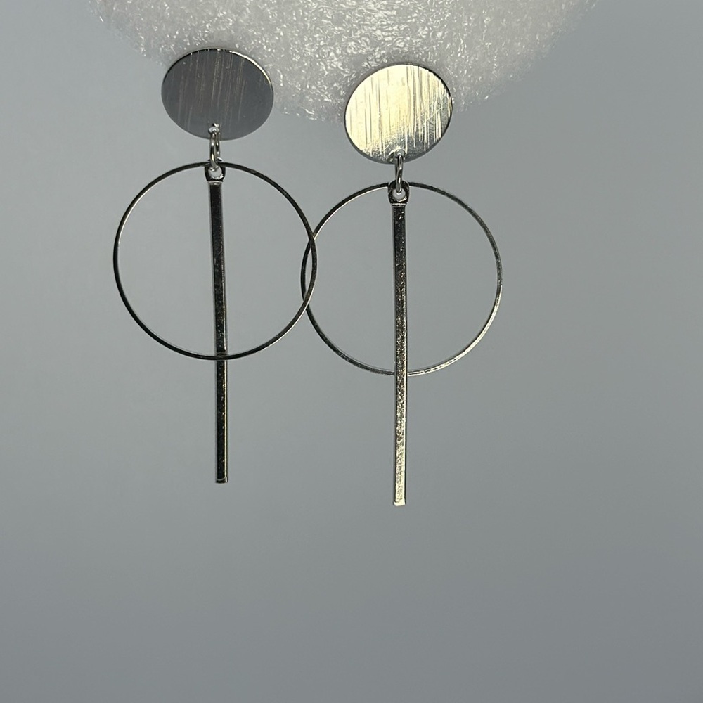 New! Modern Geometric Silver Dangle Earrings - Circle Bar Statement Jewelry — image 8 of 8
